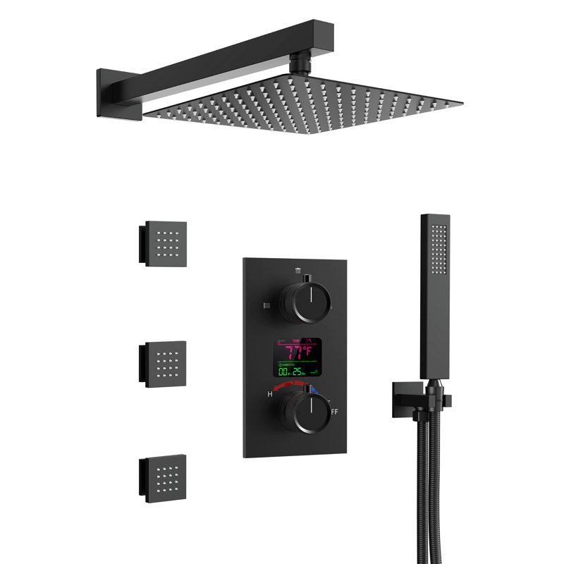Pressure Balanced  LCD Display Shower System 12" Rain Shower Faucet with Rough-in Valve, Matte Black