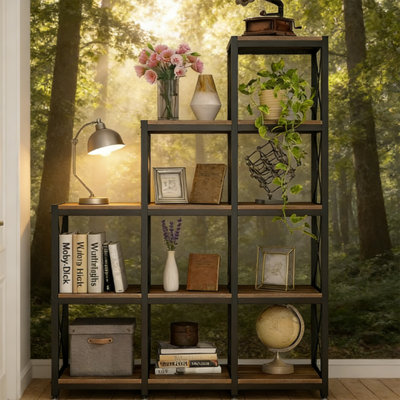Étagère de rangement à échelle industrielle, étagère à 5 niveaux en brun rustique avec 12 compartiments et 9 cubes de rangement pour l'organisation et la présentation du bureau personnel