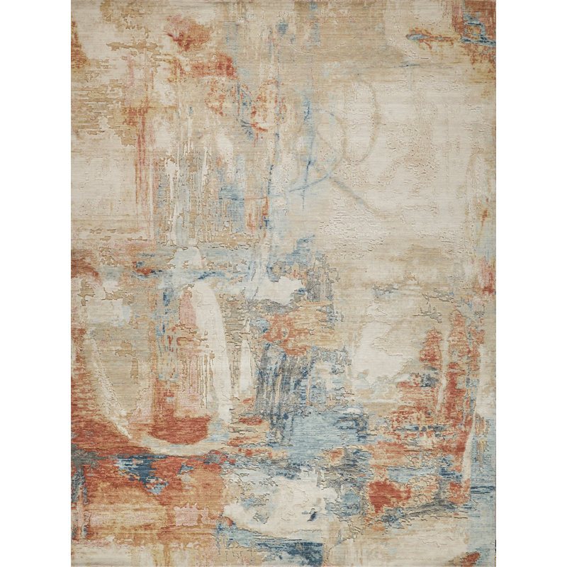 Infinity Power Loomed Wool/Nylon Abstract Area Rug in Ivory/Blue/Terracotta, Rectangle 4' x 6'