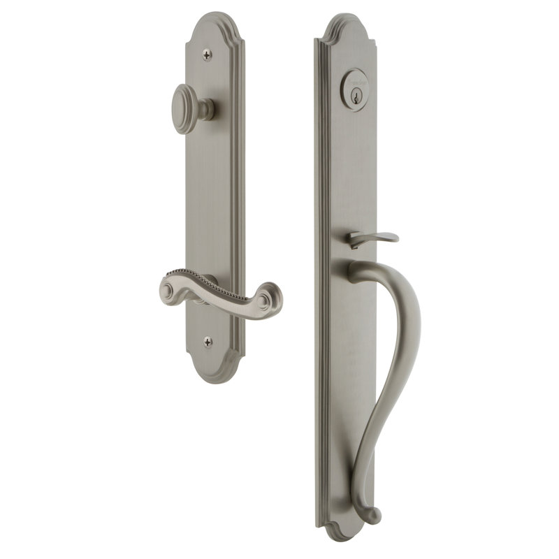 Complete Inactive Arc Dummy Handleset with Newport Lever and Rosette, Satin Nickel, Right