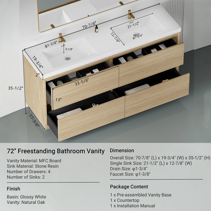 Meuble-lavabo autoportant 72 po avec lavabos doubles 72 po