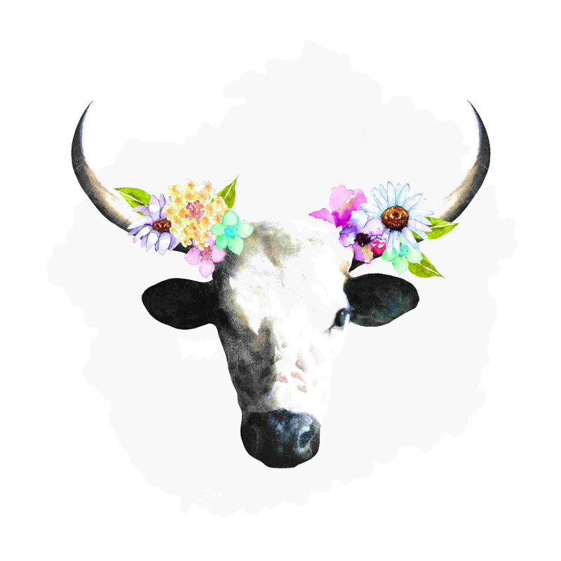 Steer with Flowers - Peinture sur toile tendue, L 30 po x H 30 po