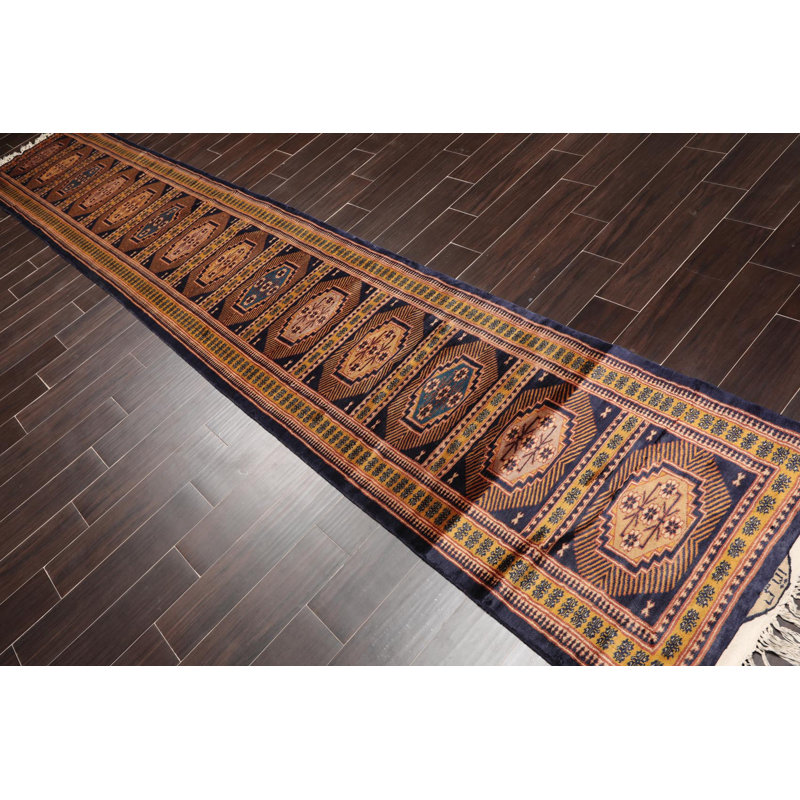 Tapis bleu marine en laine noué à la main de conception unique 2 pi 7 po x 14 pi 10 po Kadafi