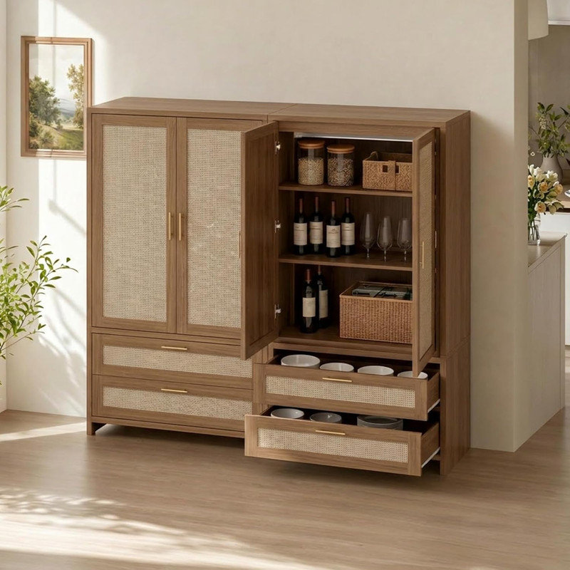 Armoire de 71 po de hauteur avec armoires en rotin Boho avec tiroirs, tringle suspendue et 2 portes