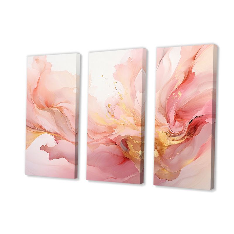 «Tender Liquide Vintage Pink Gold Waves II», ensemble de reproductions d'art sur toile abstraites, H 40 po x l 60 po x P 1 po