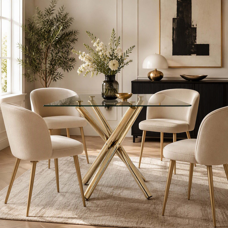 Table de bar moderne moderne en or avec plateau en verre trempé, table de pub robuste en métal avec pieds croisés pour bar, îlot de cuisine et salon