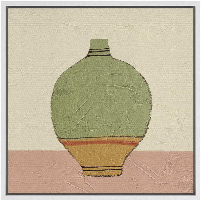 «Green and Tan», grand vase incurvé encadré sur toile, Toile blanche, H 24 po x l 24 po