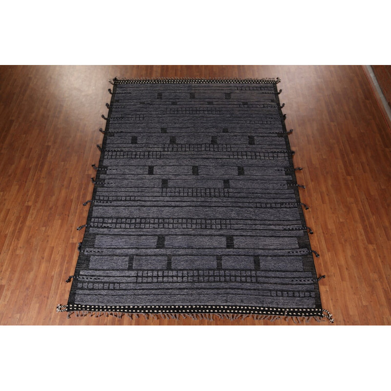 Tapis marocain moderne à rayures noires et bleues 9 x 13
