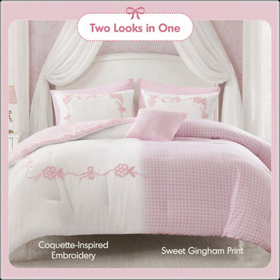 6 Pieces Full Queen Comforter Set 90 x 90 Inch Terry Embroidery Gingham Bedding
