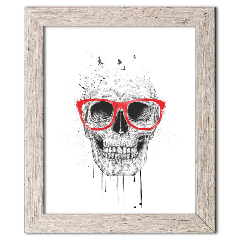 « crâne avec verres rouges », reproduction d’art, H 14 po x l 11 po x P 0,75 po, Papier encadré patiné