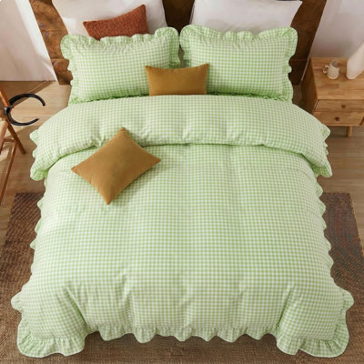 Luxury 100% Cotton Duvet Cover Set King Size – Green Gingham with Ruffled Edges, Soft Breathable Bedding Set 3 Pieces, Zipper Closure & 8 Corner Ties