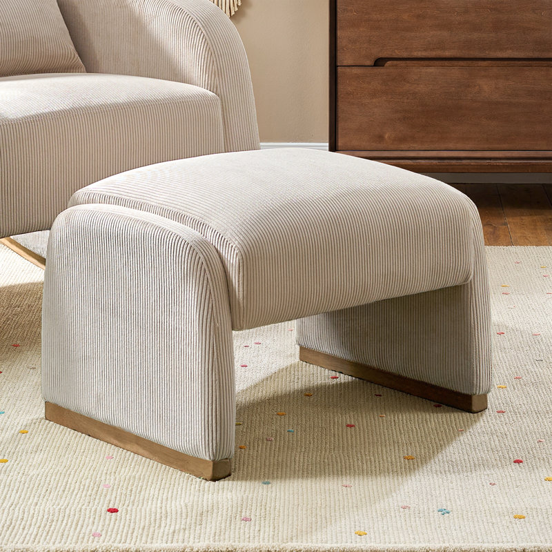 Ronald Modern 25.2"W Corduroy Ottoman with Solid Wood Legs, Beige