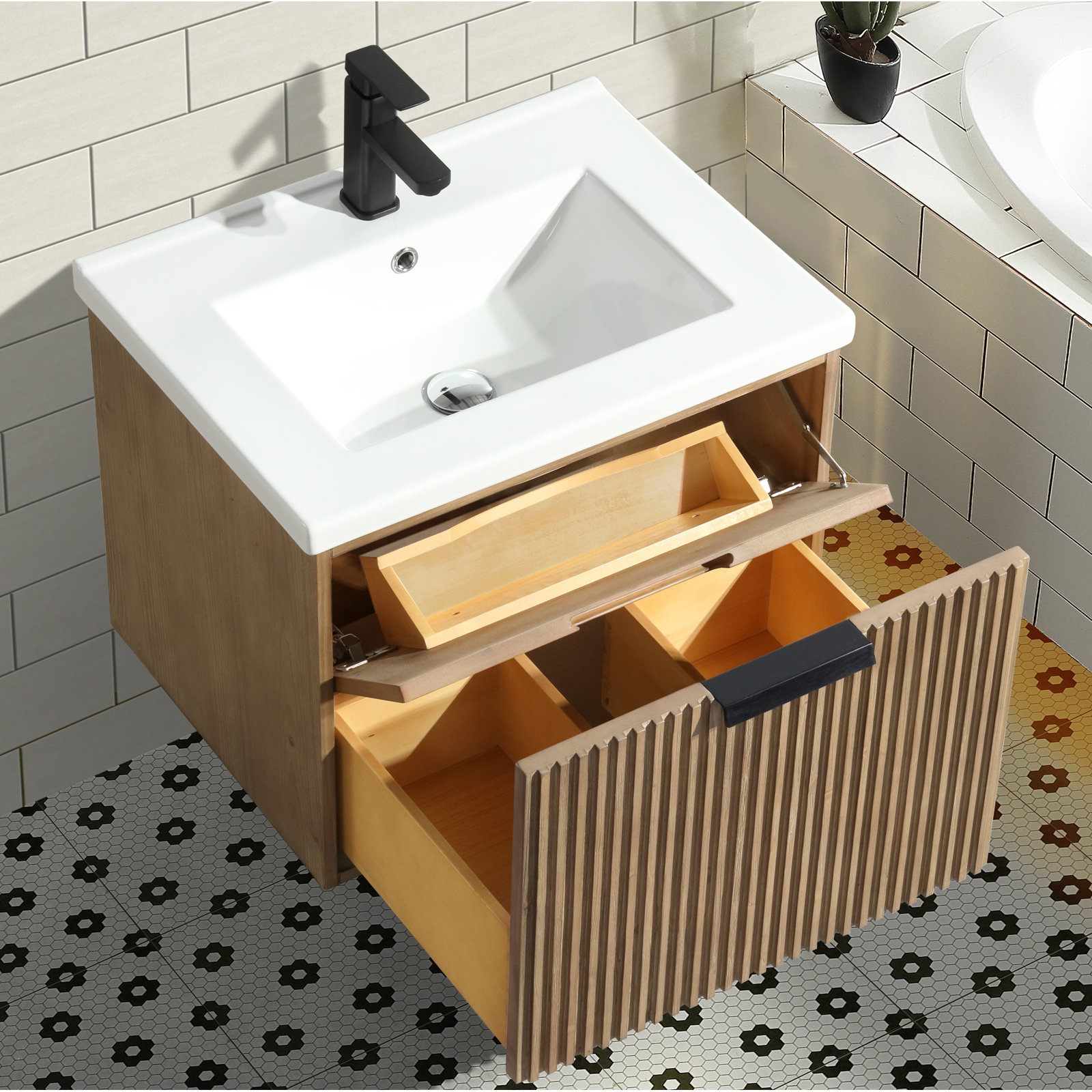 24" Wall-Mounted Single Bathroom Vanity Set, Weathered Fir, Matte Black