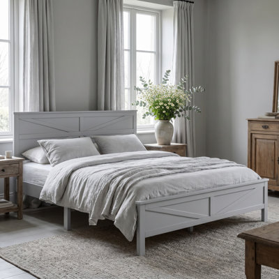 Grey King Size Vintage Pine Wood Bed with Barn Door Style Headboard Footboard, Upgraded Reinforced Bed Slat System