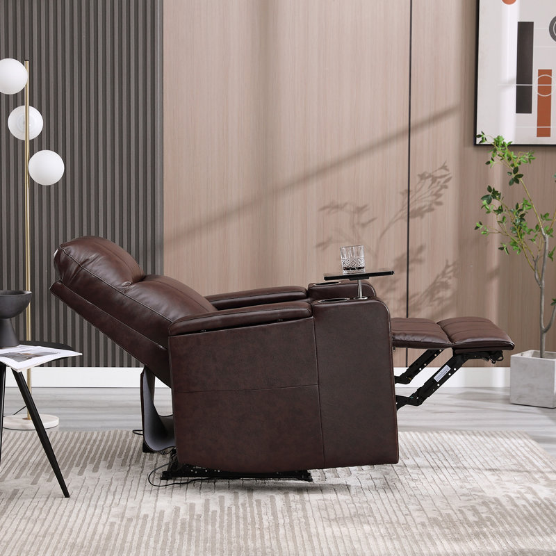 Ryat 33.1'' Wide Modern Faux Leather Power Recliner with Arm Table and Cupholders (Set of 2), Brown