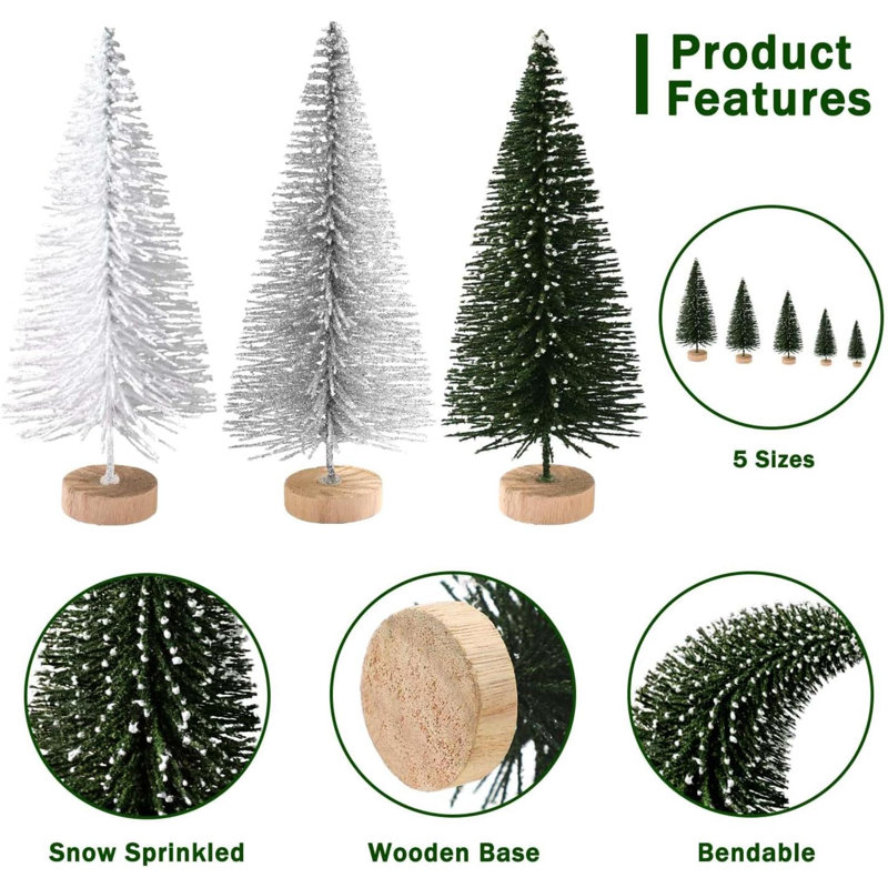 Miniature Green and White Plastic Tabletop Christmas Trees with Wooden Base