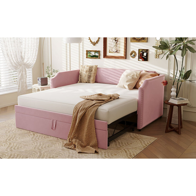Lit de jour simple en velours rembourré avec couchette escamotable, rose, Rose