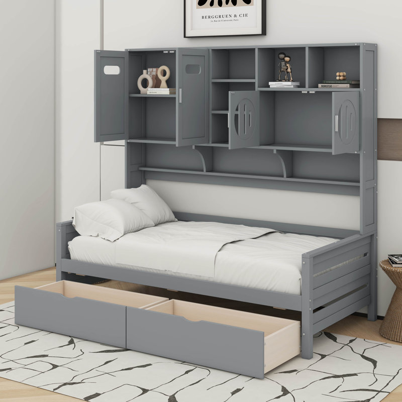 Lit de jour simple en bois avec tiroirs, Gris