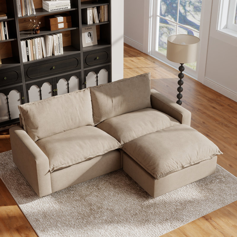 Canapé rembourré 3 pièces en tissu de lin avec repose-pieds Moncada, Kaki