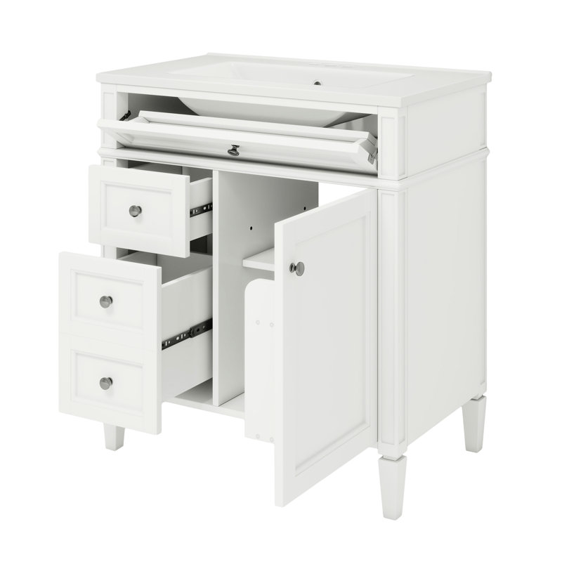 30'' Bathroom Vanity With Practical Assembly Process, 2 Drawers, Mirror Cabinet, Ceramic Sink, White Finish, White, 30"