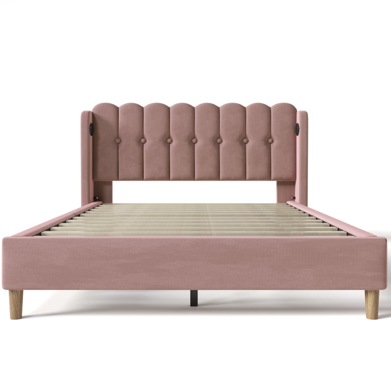 Upholstered Bed With Usb Linen, Double (4'6), Pink