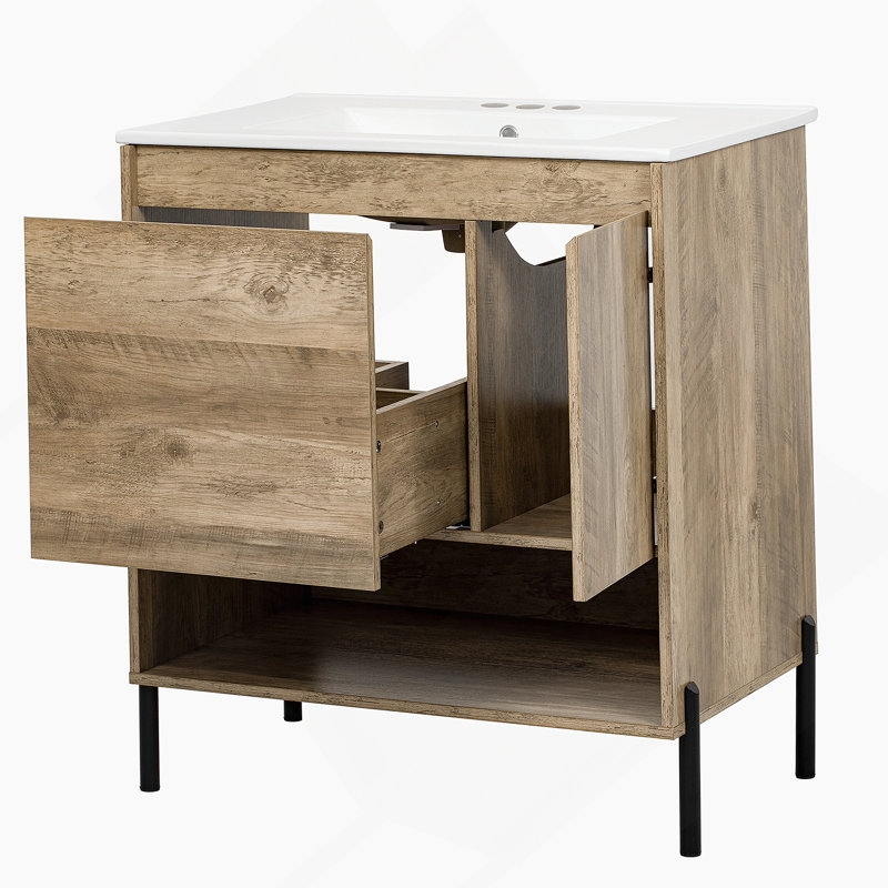 Meuble-lavabo moderne en bois de 30 po avec tiroir coulissant, lavabo en céramique et tablette ouverte pour un rangement efficace