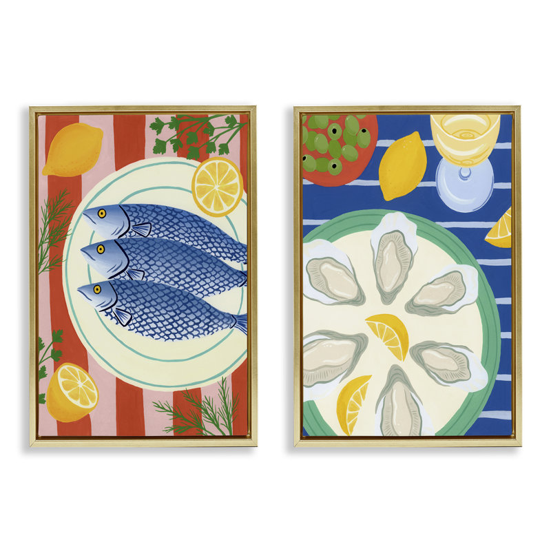 Ensemble de 2 cadres de fruits de mer, Kitchen Designs par Courtney Haley, H 31 po x l 21 po, Cadre flottant métallique doré