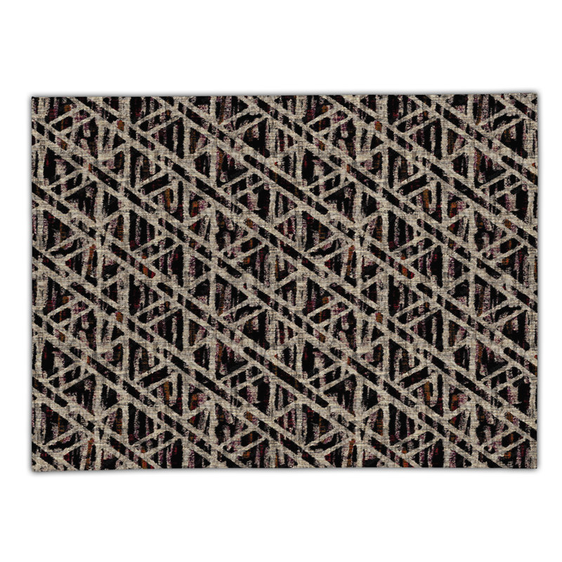 Tapis d'intérieur / extérieur en polyester tissé à la machine à motif géométrique rectangulaire brun / noir