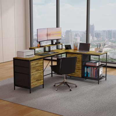 Bureau en L 114 po avec concentrateur électrique, bureau de jeu industriel - 6 tiroirs, support pour écran amovible, bureau rustique brun