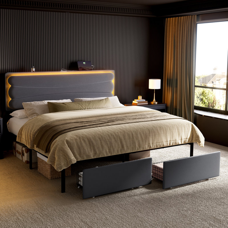 Très grand lit tapissier avec 2 tiroirs de rangement, lit de rangement en velours avec lumière DEL et station de charge, gris