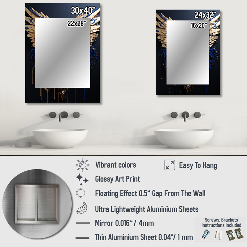 Royal Blue and gold Angel wings I - Fantasy Decorative Wall Mirror, Glam Large Mirror, Printed Metal Art, 32" x 24"