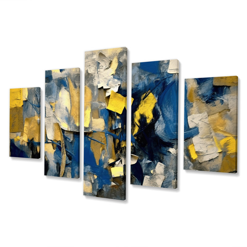 «Jazz Interchange In Blue I», art mural abstrait sur toile, 5 panneaux