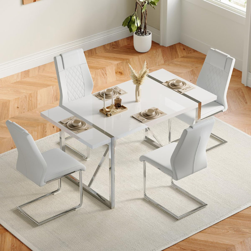 Ensemble de salle à manger rectangulaire L 31,5 po x l 55,12 po Minday, Gris léger / argent, Argent argent, 5