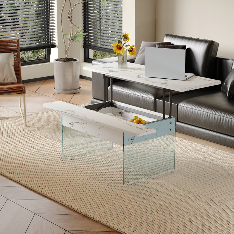 Table basse à plateau relevable de 43,3 pouces avec rangement - marbre noir et verre trempé (capacité de 300 lb), peu encombrante, pour le salon, le bureau