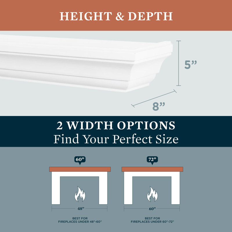 Floating Wood Fireplace Mantel Shelf - Crafted from Pine Wood - Traditional Design, 60" Length, White