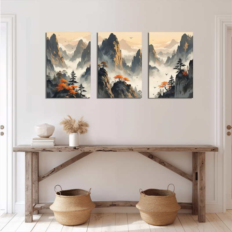 Paysage de montagne avec arbres d'automne et sommets brumeux - Tableau sur toile (lot de 3), H 36 po x l 72 po