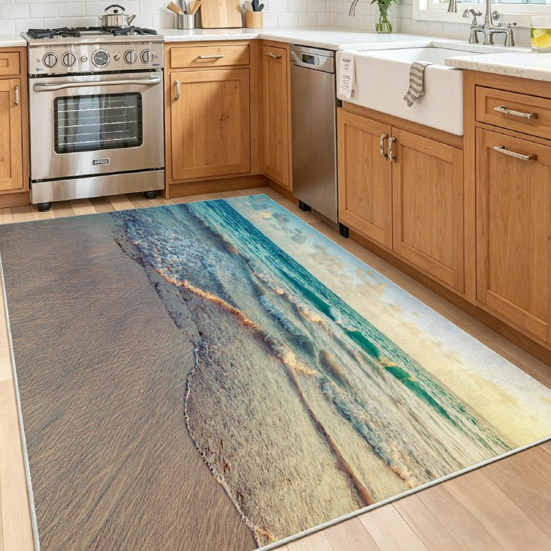 Tapis bleu clair transparent lavable à la machine avec paysage de lever de soleil, Rectangle 55 po x 79 po