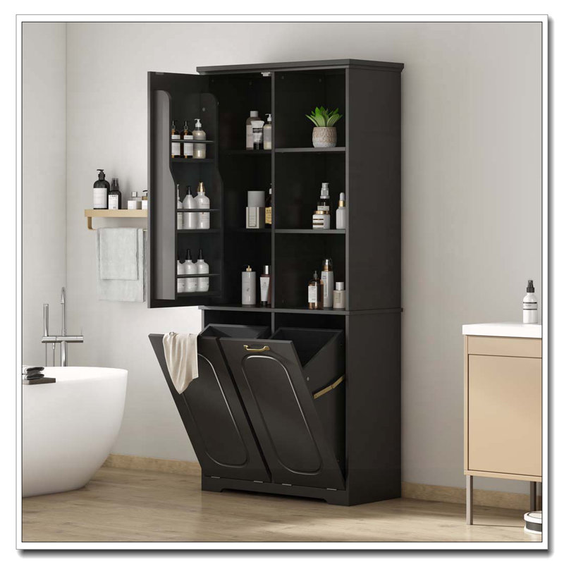 68" Freestanding Tall Storage Cabinet with 2 Tilt-Out Laundry Hampers, Adjustable Shelves, Soft-Close Door, Black