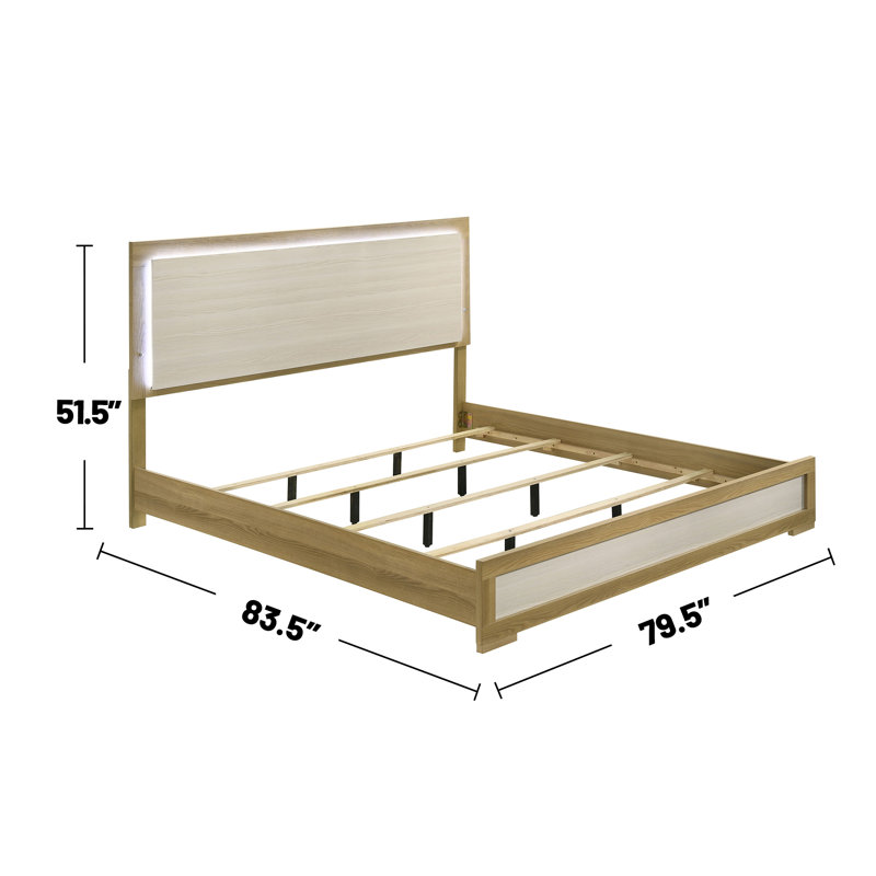 Cadre de lit très grand Boone avec tête de lit à DEL - Finition en bois naturel et blanc avec un design moderne à profil mince