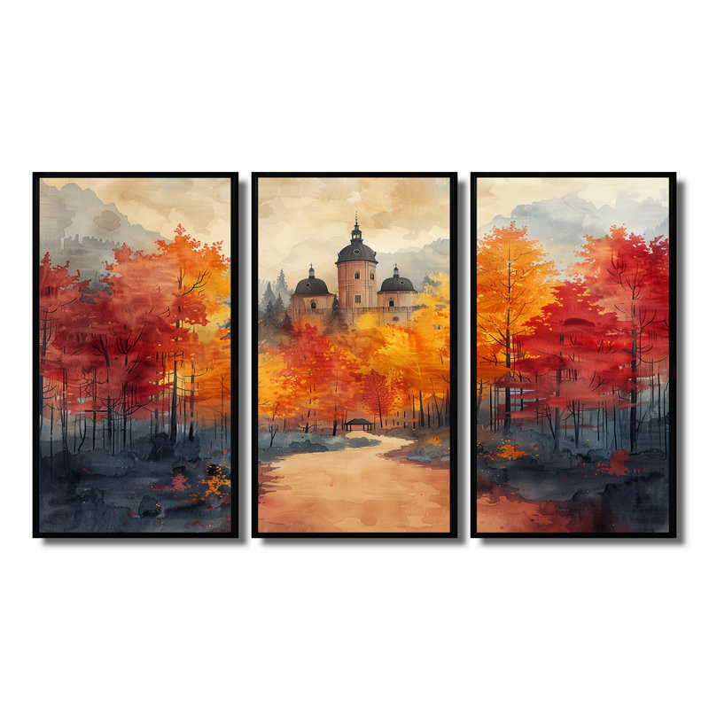 - Ensemble de salon d'art mural Chateaus, H 28 po x l 36 po x P 1 po, Toile avec cadre flottant noir
