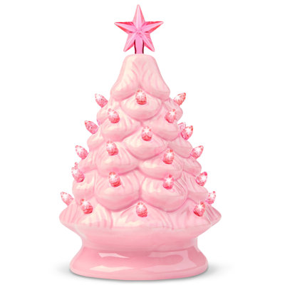Arbre de Noël en céramique rose 7 po avec étoile et ampoules extra transparentes
