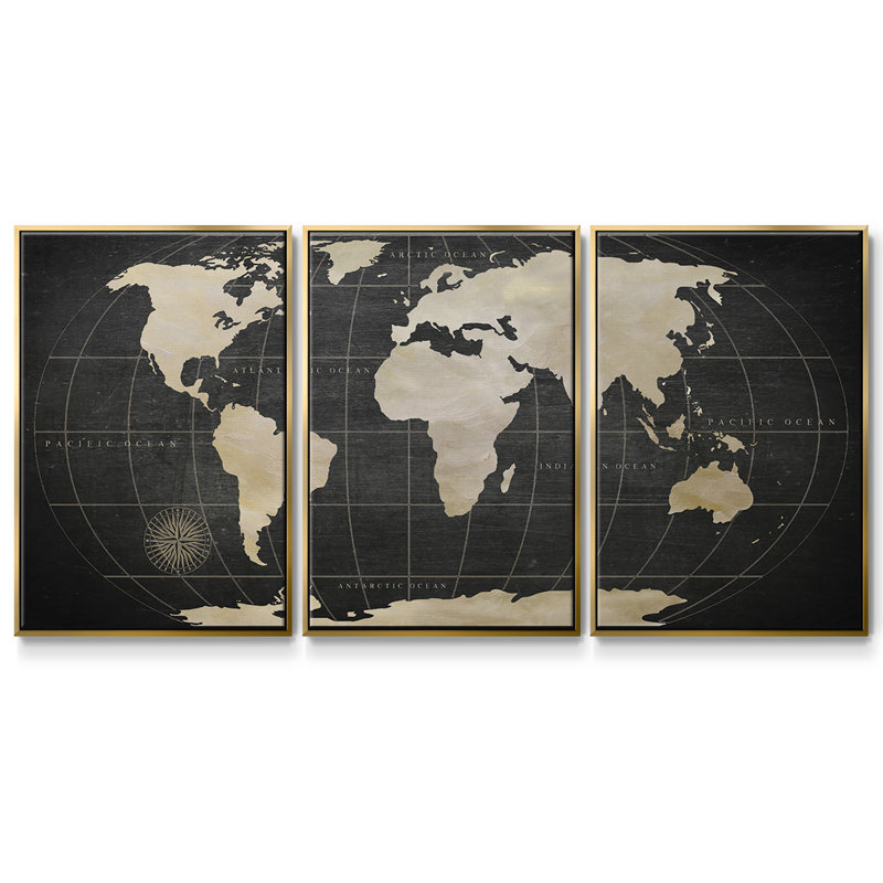 «Vintage World Map», peinture sur toile 3 pièces, H 40 po x l 78 po, Encadrement doré