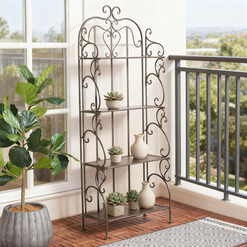 Étagère d'extérieur en fer forgé à 4 niveaux avec finition brun rustique victorienne pour terrasse et porche de jardin