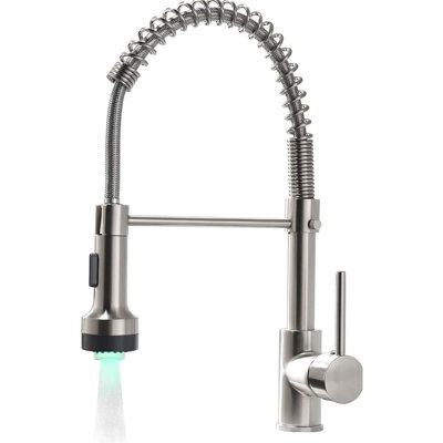 Robinet de cuisine commercial à DEL avec douchette rétractable, nickel brossé, robinet rotatif à 360 degrés pour éviers, levier à poignée simple, accessoires de robinets de salle de bain et de style contemporain