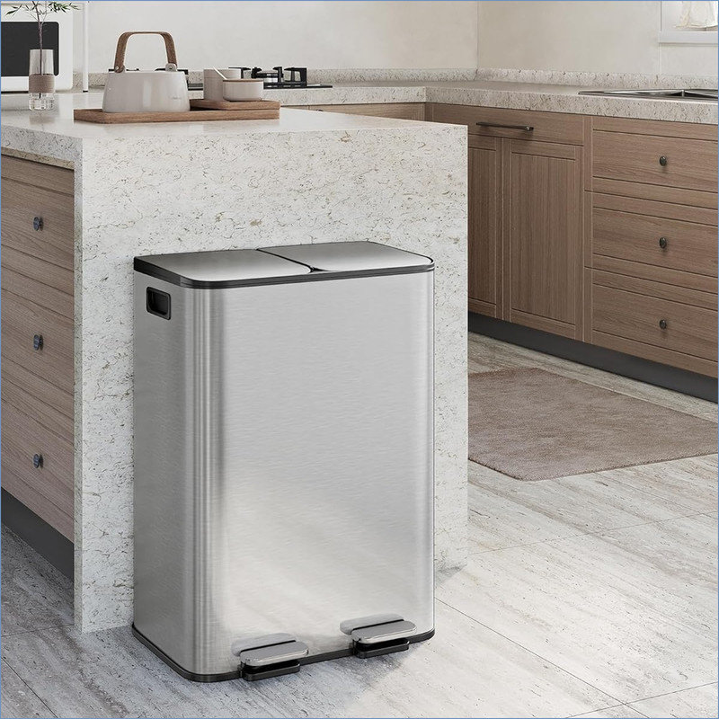 Poubelle double en acier inoxydable avec couvercle pour la cuisine, grande poubelle double et corbeille combinée, poubelles en métal pour la cuisine, seaux intérieurs en PP, rebord de doublure