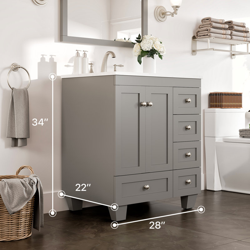 Meuble-lavabo gris l 28 po x P 22 po avec comptoir en quartz de Carrare blanc et lavabo en porcelaine encastré