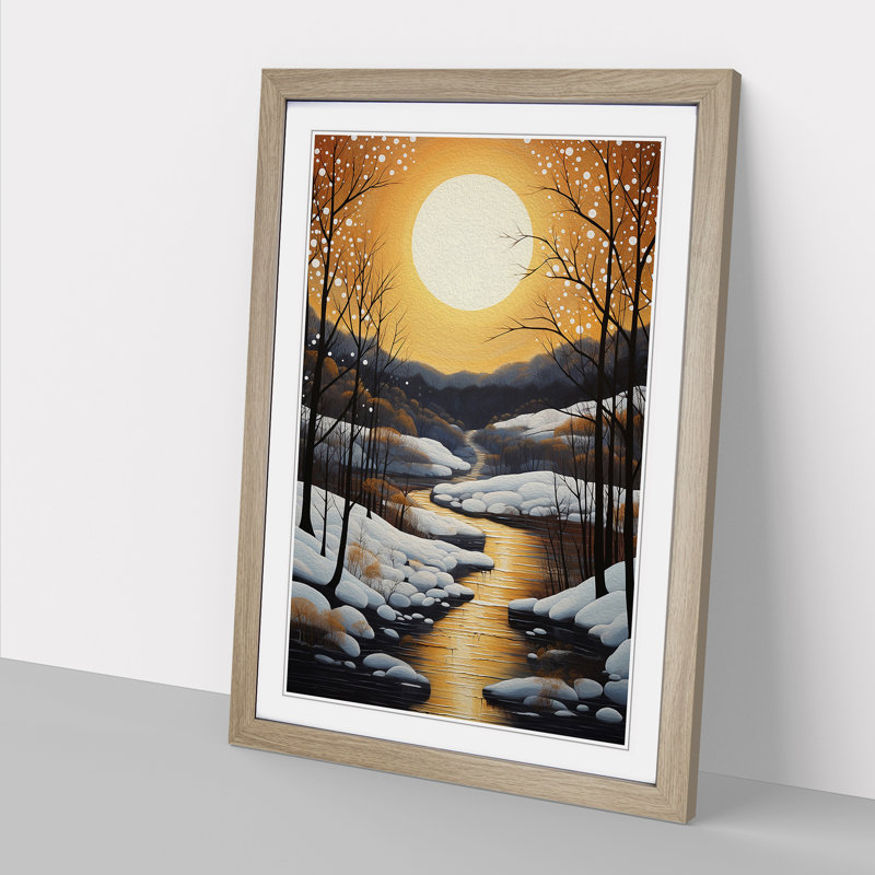 Winter Landscape Contemporary - Single Picture Frame Print on Wood, 34cm H x 25cm W x 2cm D, Oak