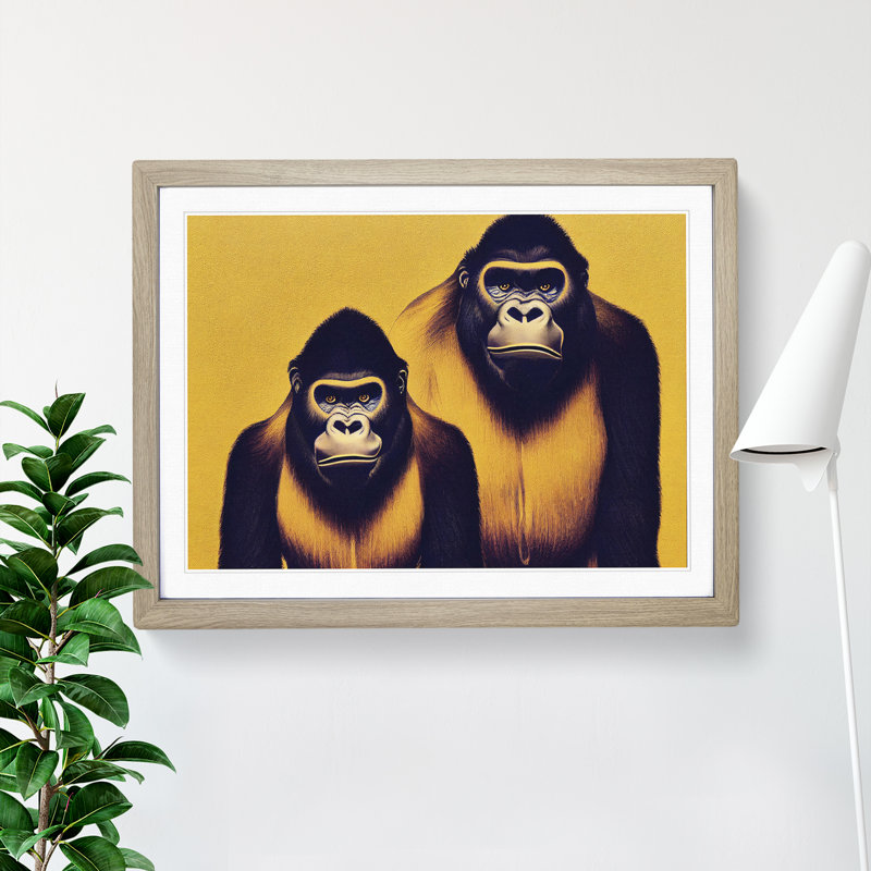 Symmetrical Gorillas - Single Picture Frame Print, 25cm H x 34cm W x 2cm D, Light Brown