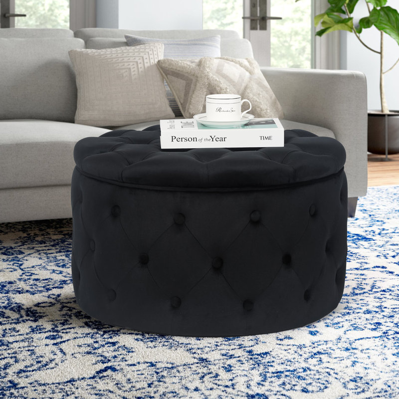 Repose-pieds rond avec rangement Ardean, Velours noir
