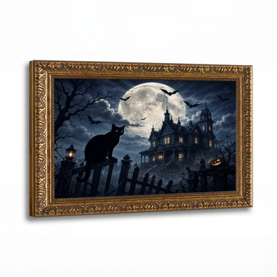 Victorian Haunted House With Black Cat And Full Halloween Canvas Wall Art